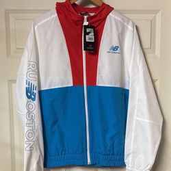 Men’s New Balance Run Boston WR Water Resistant Windbreaker M Medium Red White Blue RARE Lifestyle Running