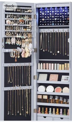 SONGMICS 6 LEDs Mirror Jewelry Cabinet, 47.2-Inch Tall, Lockable Jewelry Armoire Organizer, Wall or Door Mounted, Gray and Black, BERIT Collection UJJ