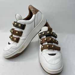 #1862 Michael Kors Gertie White Brown Leather Gold Studded Straps Sneakers Womens 8M