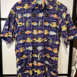 Vtg Reyn Spooner Hawaiian Shirt Mens M Blue Tropical Fish Print All Over SS