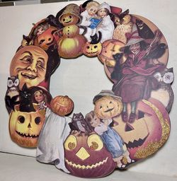 Halloween Ghosts Goblins Spooks Galore Stitched Linen In Glass Artwork Primitives By Kathy NOS 