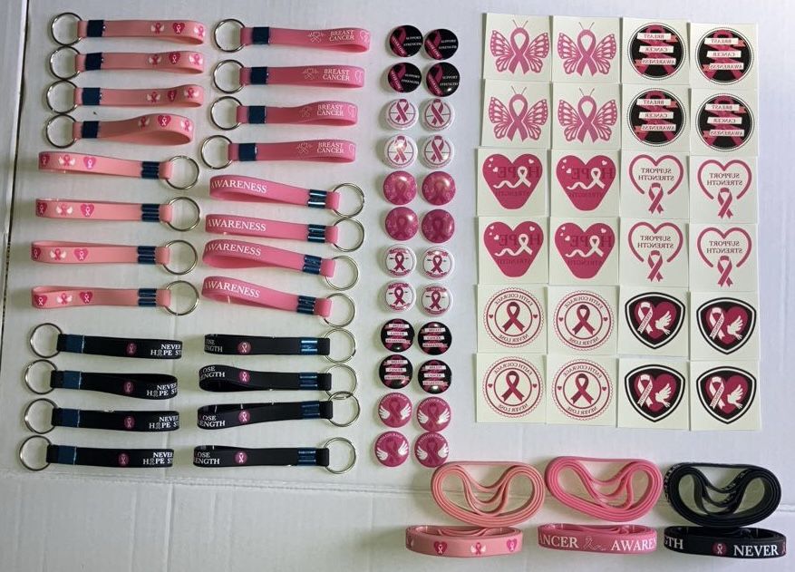 Breast Cancer Awareness 96 Piece Lot Of Bracelets, Buttons, Keychains, Tattoos