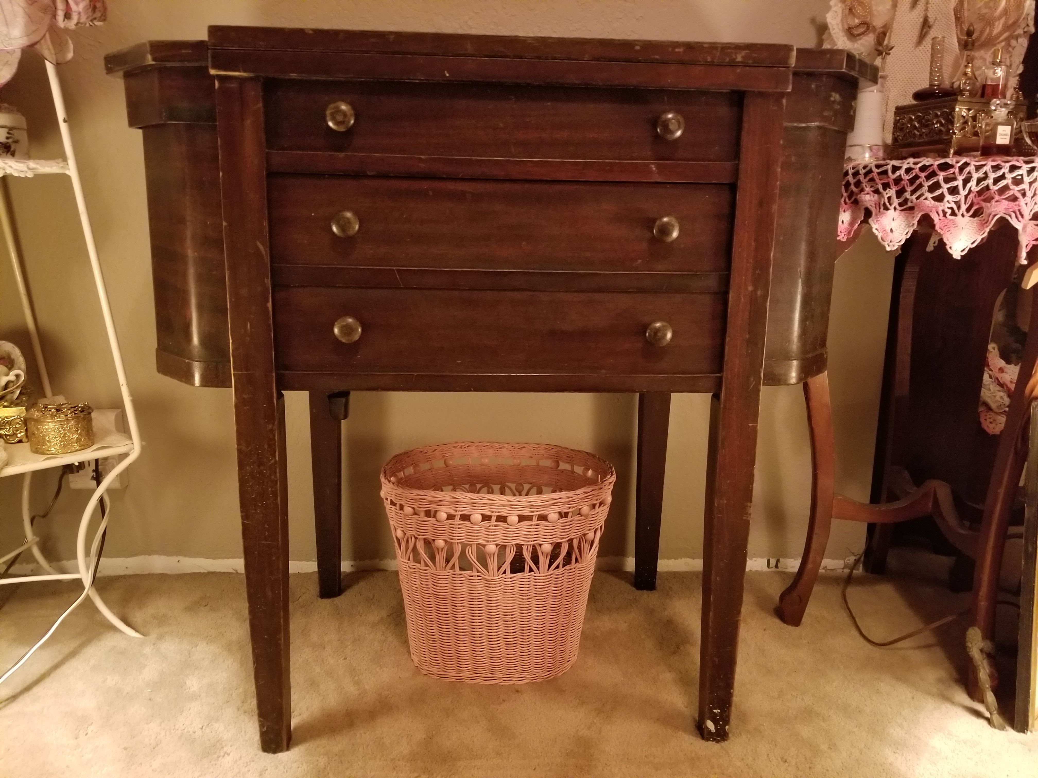 Antique White Sewing Machine and Martha Washington style Sewing Cabinet