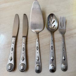 5pc Wallace Taos Dinner Knives/Fork/ Pie Server Stainless Satin Southwest Motif
