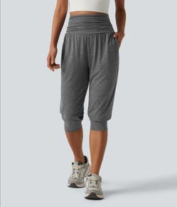 HIGH WAISTED RUCHED HEATHERED YOGA PEDAL PUSHERS JOGGERS WITH POCKETS