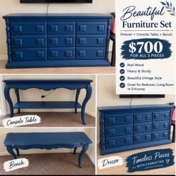 Navy Blue Wood Dresser, Console Table & Bench Set