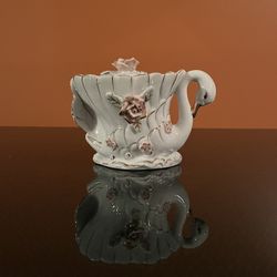 Vintage Porcelain Swan Trinket Dish With Lid Pink Roses Gold Trim