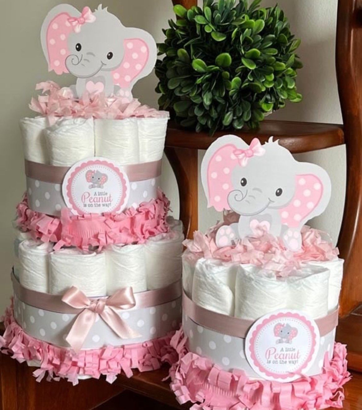 PINK GRAY ELEPHANT LITTLE PEANUT BABY SHOWER DIAPER CAKE centerpieces gift decor