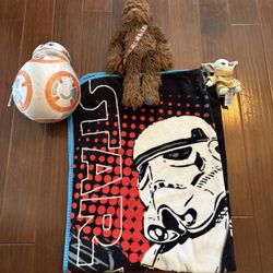 Star Wars Throw Blanket & Stuffies (BB-8, Chewbacca & Baby Yoda / Grogu)
