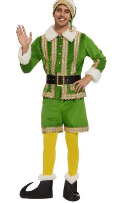 Deluxe 6 Pcs Christmas Green Elf Velvet Suit Adult Outfit, Xmas Fancy Holiday Party Cosplay Suit