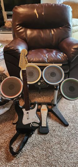 Xbox 360 Rock Band 2 Drum Set, Pedal, Sticks & Game + Free Guitar