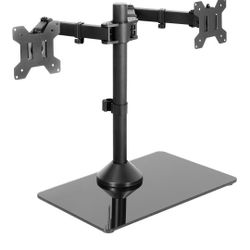 VIVO Freestanding Dual Monitor Stand with Sleek Glass Base and Adjustable Arms, Mounts 2 Screens up to 32 inch and 22 lbs Each, Black, STAND-V002FG