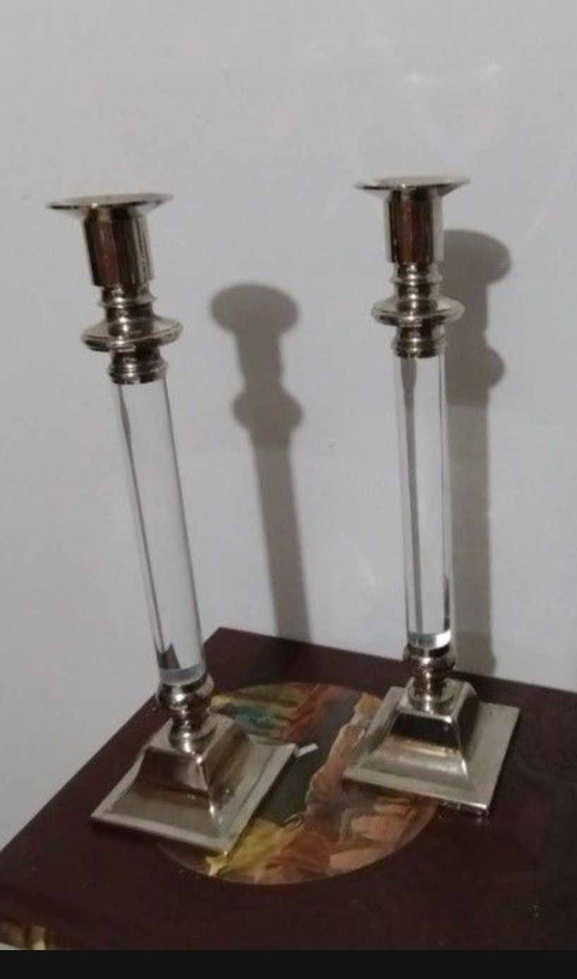 VINTAGE CHROME - LUCITE CANDLESTICK SET OF 2 - 11"