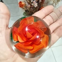 Red Rose and Green Leaves Collectible Blown Glass Flower Paperweight 3.5” Round.