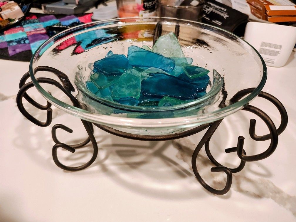 Beautiful Glass Dish With Blue, Green And Clear Rocks
