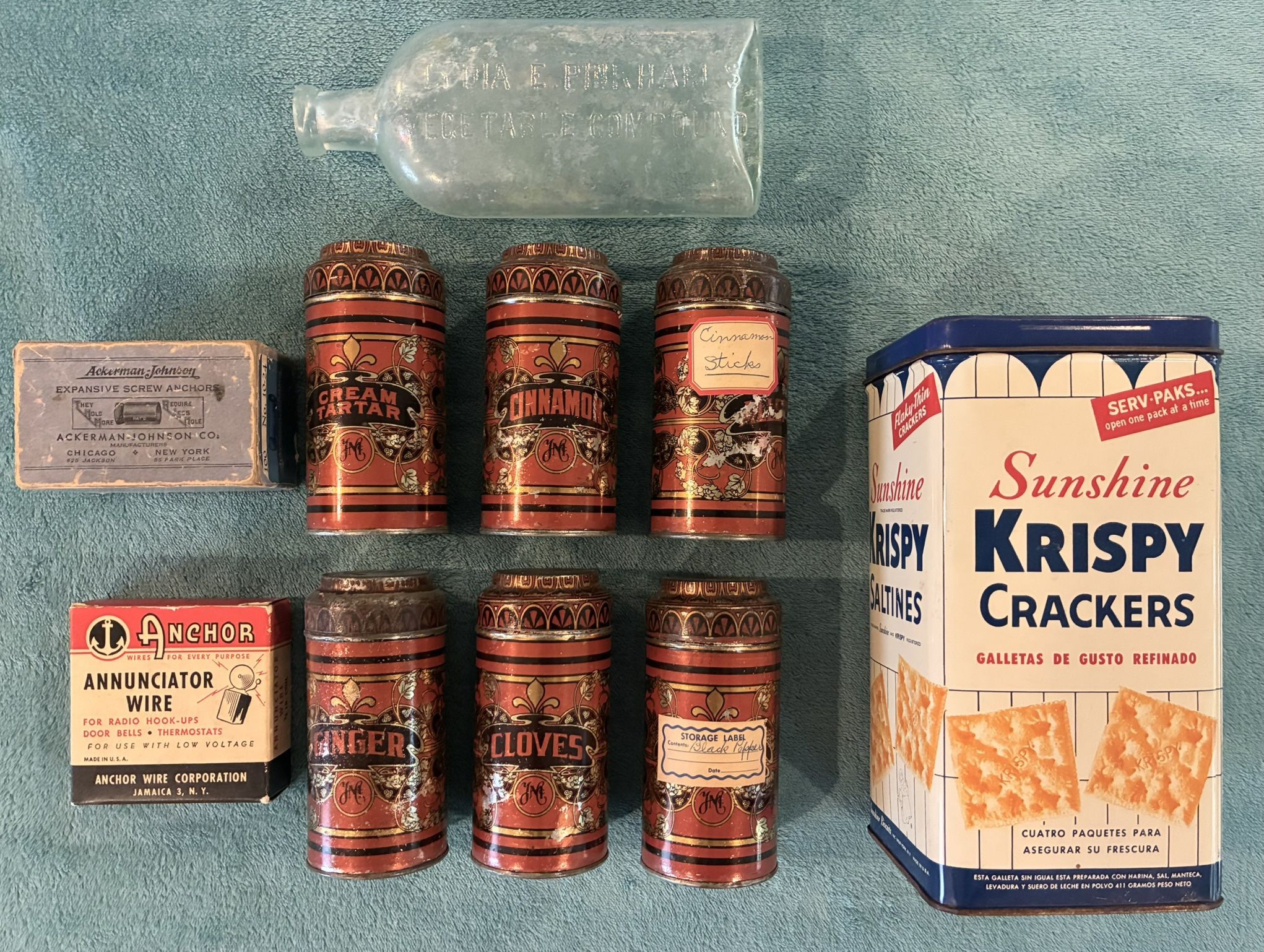 Antique Spice Tins, Cracker Tin, & Patent Medicine Bottle