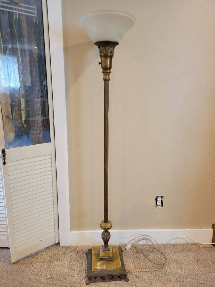 Antique Vintage Marble, Brass and Glass Floor Lamp