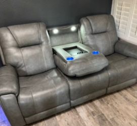 Bluish-Gray Leather Theater Sofa, 3 Seats