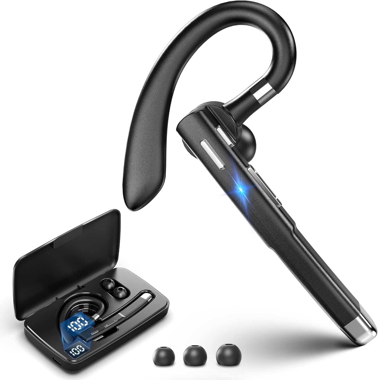 Bluetooth Headset, 100Hrs Talk Time Dual Noise Cancellation Wireless Earpiece, V5.4 Built-in Mic & Mute Button 270° Rotatable Hands Free Headphones wi