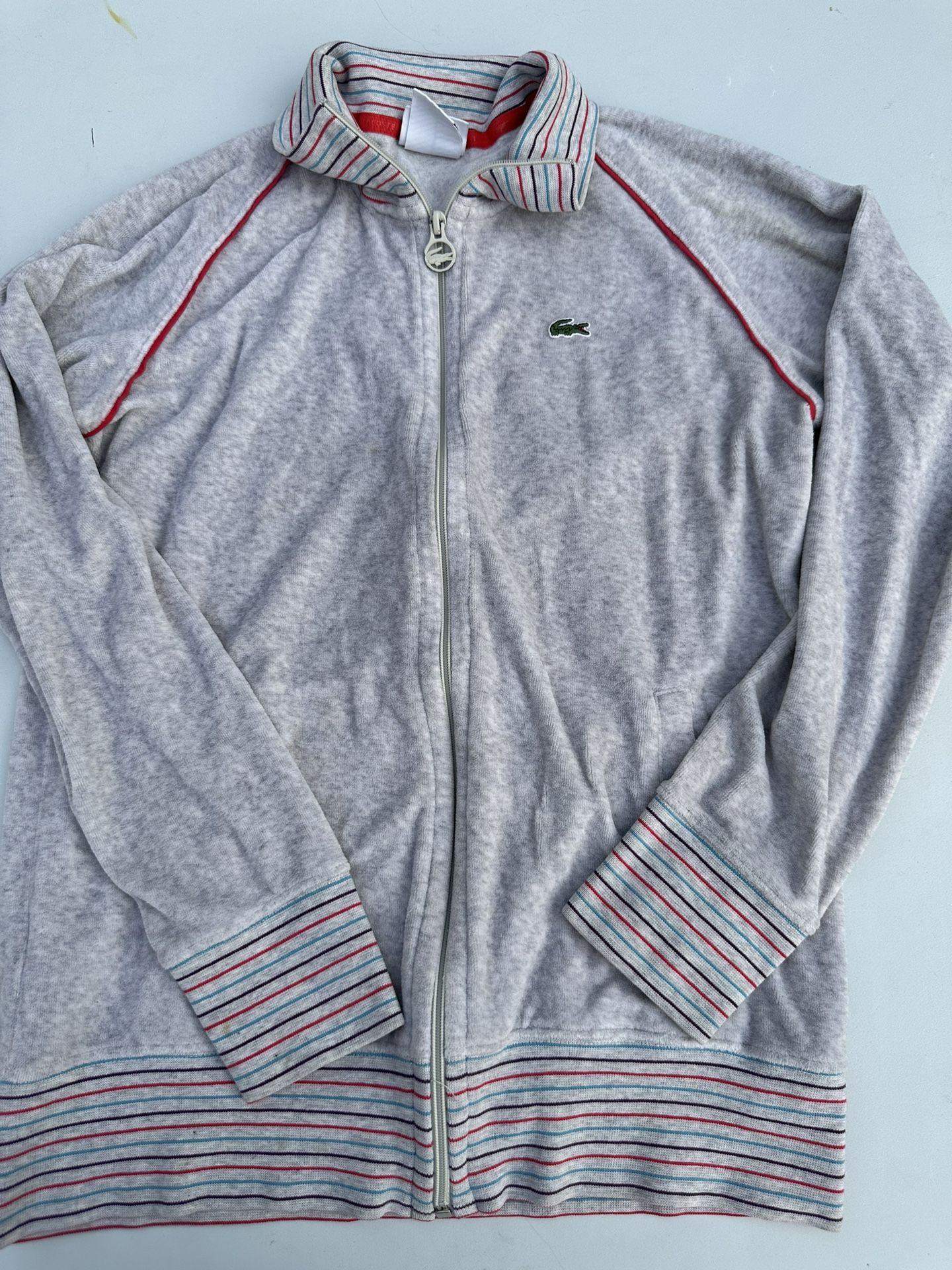 Lacoste Zip-Up Jacket – Gray with Red/Blue Stripe Trim