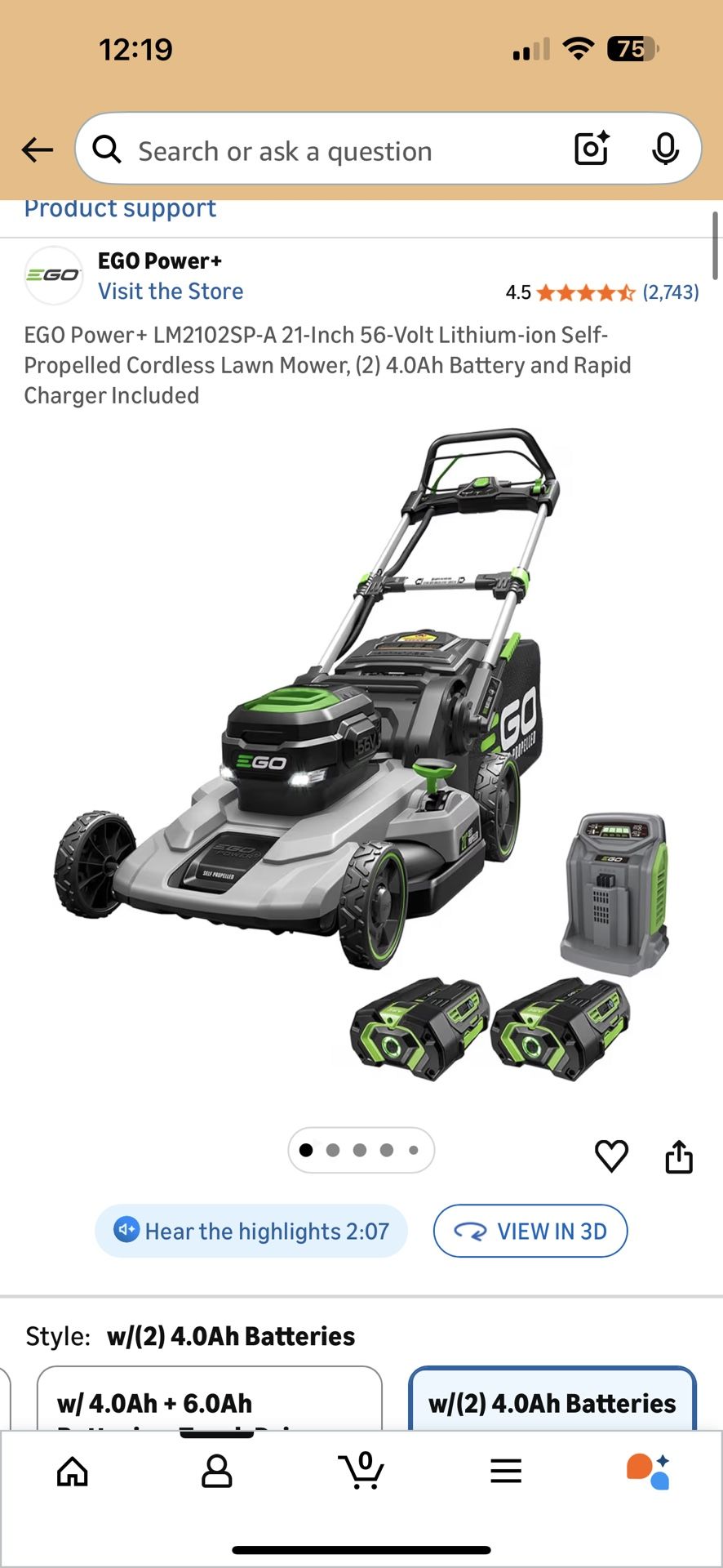 EGO Power + LM2102SP A 21 Inch 56 Volt Lithium ion Self Propelled Cordless Lawn Mower, (2) 4.0Ah Battery and Rapid Charger Included