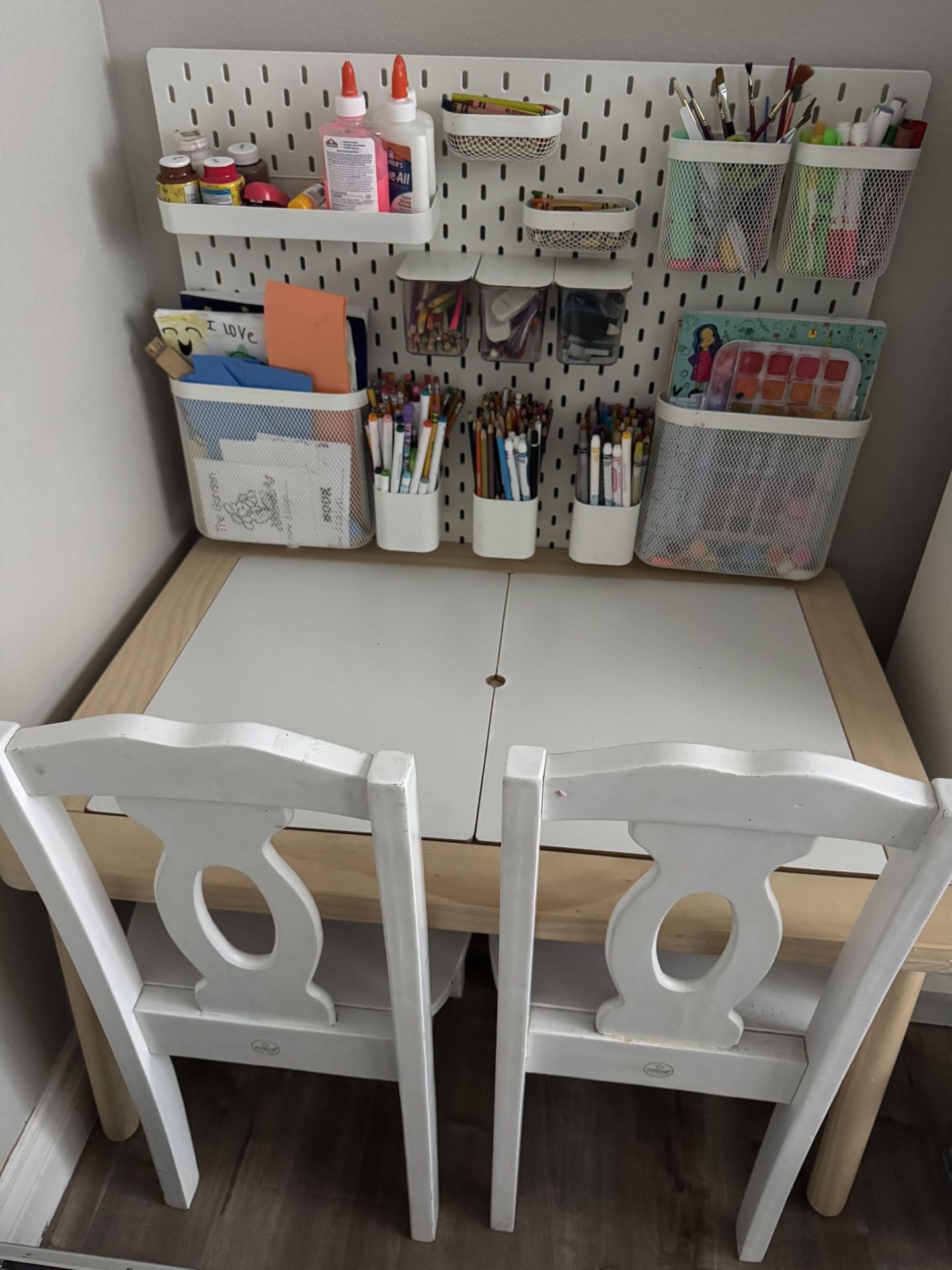 Kids Pegboard, Table With Bins And Chairs
