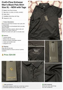 Craft+Flow Men’s Black Polo Shirt – New with Tags – Size XL