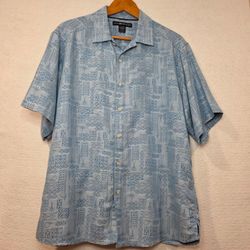 Exofficio Men's M Blue Tribal Pattern Estacado Short Sleeve Shirt Dragonfly