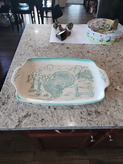 Vintage Ceramic Turkey Platter, Aqua Blue and White, Bell Sales Co., U.S.A., Vintage 1960s