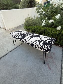 Modern Cow Print Upholstered Bench – Black Hairpin Legs