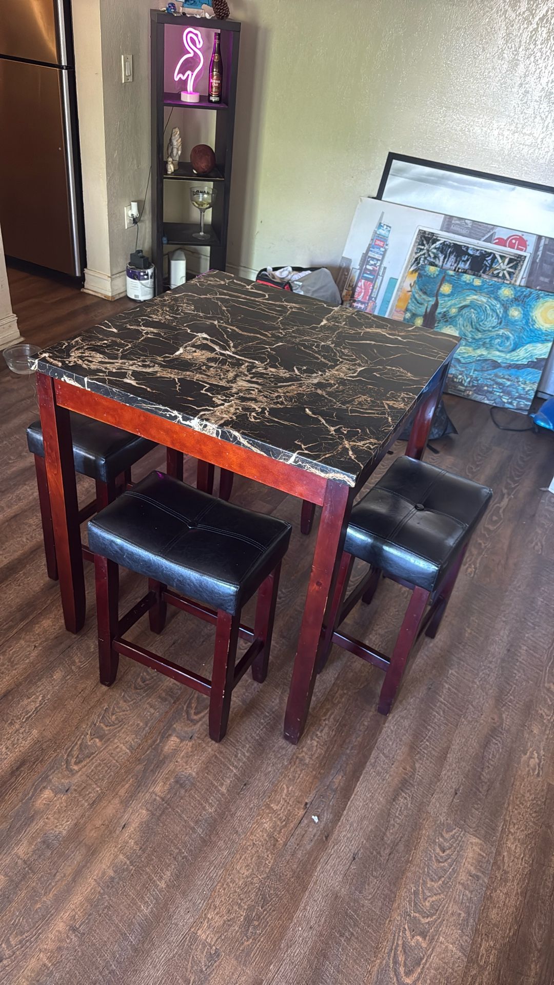 High Top Marble-Style Dining Table with 4 Stools – Great for Small Spaces
