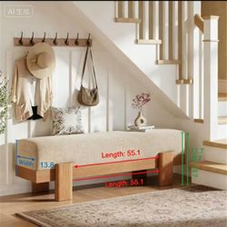 Beige Linen Upholstered Entry Bench, Solid Wood Padded Shoe Ottoman for Foyer & BedroomFarmhouse Entry Bench with Soft Upholstered Cushion, Solid Wood