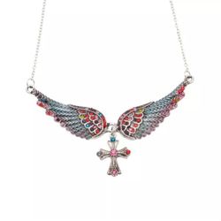 Cross and angel wing necklace