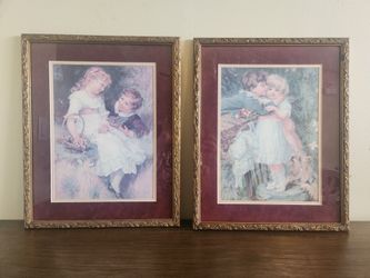 Vintage Framed Art Prints Frederick Morgan "Sweethearts" & "Over The Garden Wall" Ornate Gold Frames