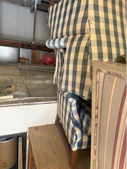 Pair of Plaid Wingback Lounge Chairs – Blue & Cream Check Upholstery