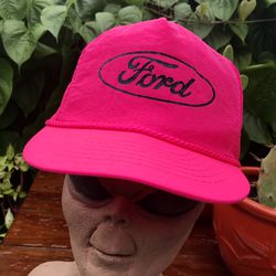 Vtg 1980s Ford Motorsport Strapback Baseball Cap Hat Neon Pink Retro Otto USA