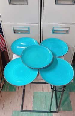 Royal Norfolk Turquoise Teal Swirl Stoneware 10 5/8”Dinner Plates LOT OF 5