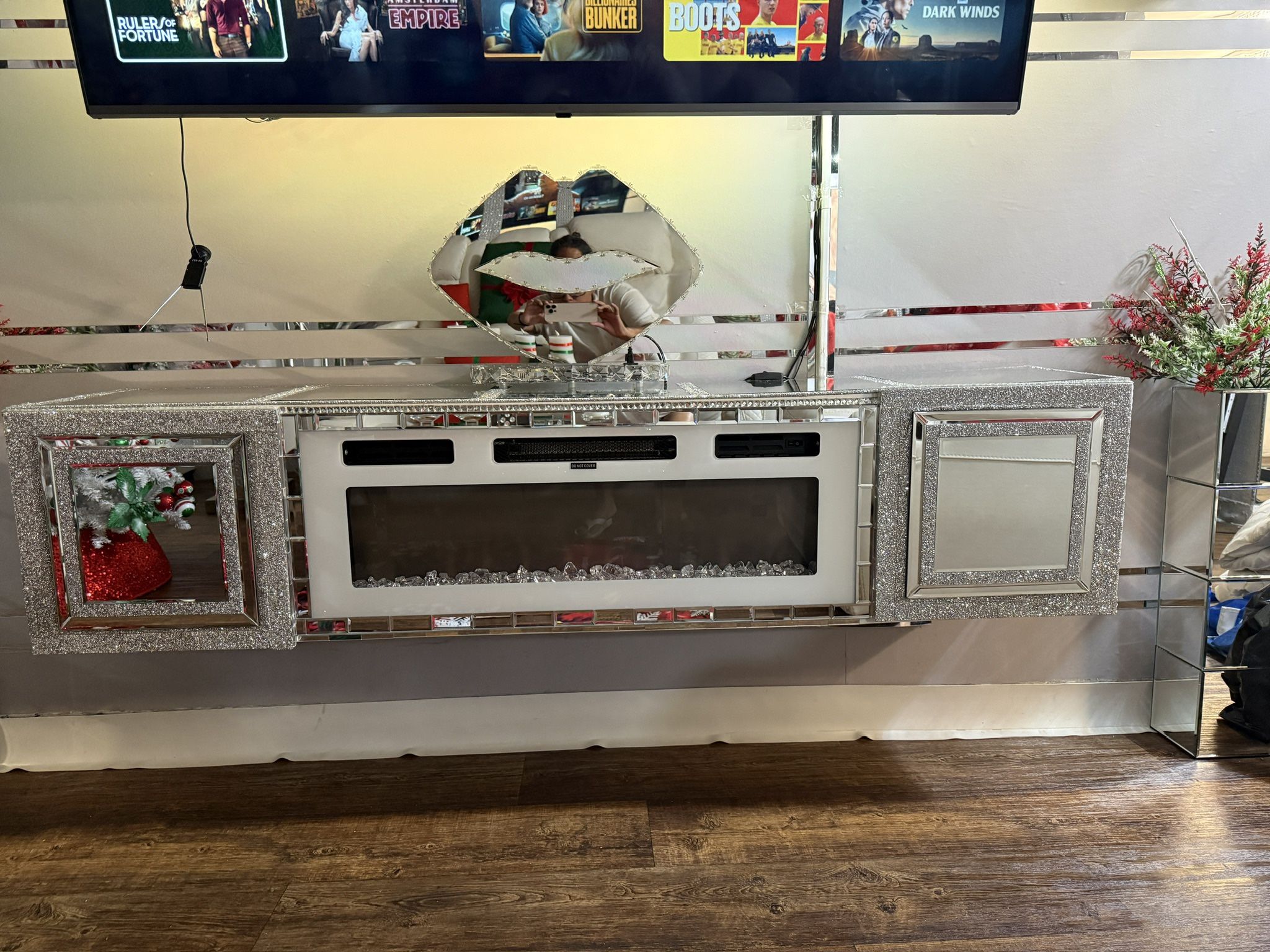 Mirrored Wall Floating Fireplace