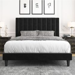 Full Platform Bed Frame/velvet Upholstered Bed Frame With Vertical Channel Tufted Headboard/ Strong Wooden Slats / Mattress Foundation/box Spring Opti