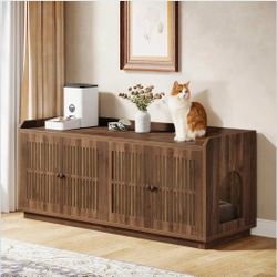 2 Cats Litter Box Enclosure, 55.1-Inch Extra Large Hidden Litter Box Furniture with 2 Cabinets and Side Entry, Wooden XL Cat Washroom Furniture with S