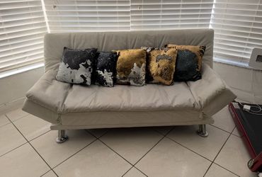 Sofa bed offwhite vinyl with cushions included