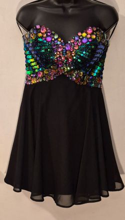 Black Strapless Sequin, Rhinestone Embellished Mini Dress