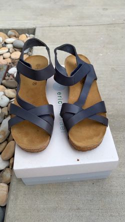 New Eric Michael Havana Navy Leather Wedge Sandals - Size 39 US 8.5/9