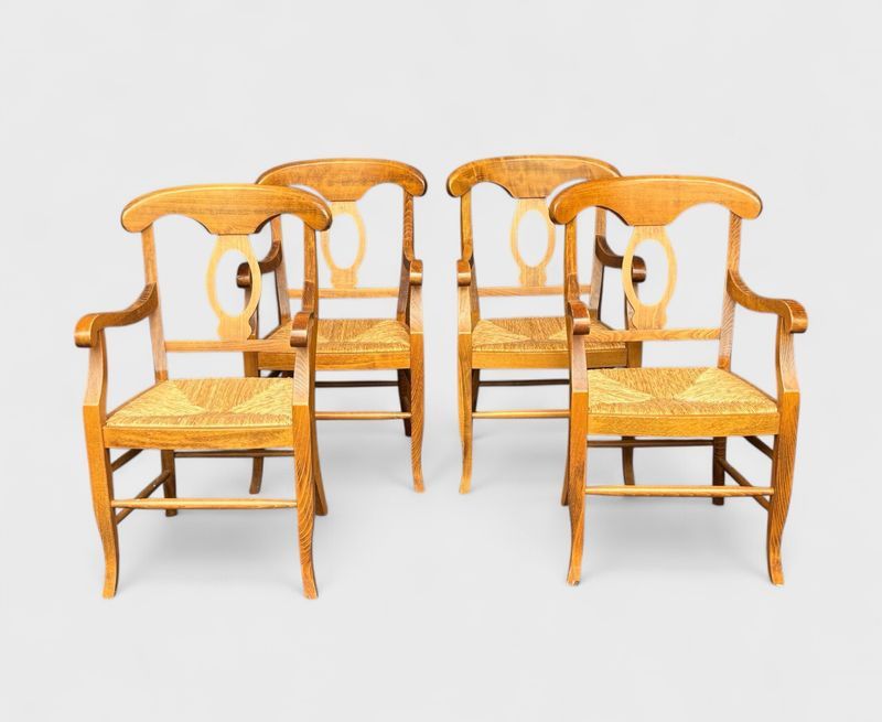 4 Italian NapIn Rush Seat Carved Wood Arm Chairs