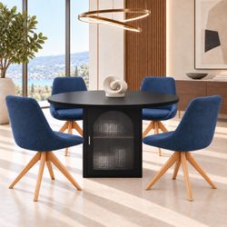 New Modern 5-Piece Round Dining Table Set for 4, 47.2-Inch Walnut Kitchen Table with Storage Cabinet and 4 Upholstered Blue Dining Chairs, Modern Dini