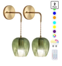 Gold Wall Sconces with Green Glass Shades, 2-Pack