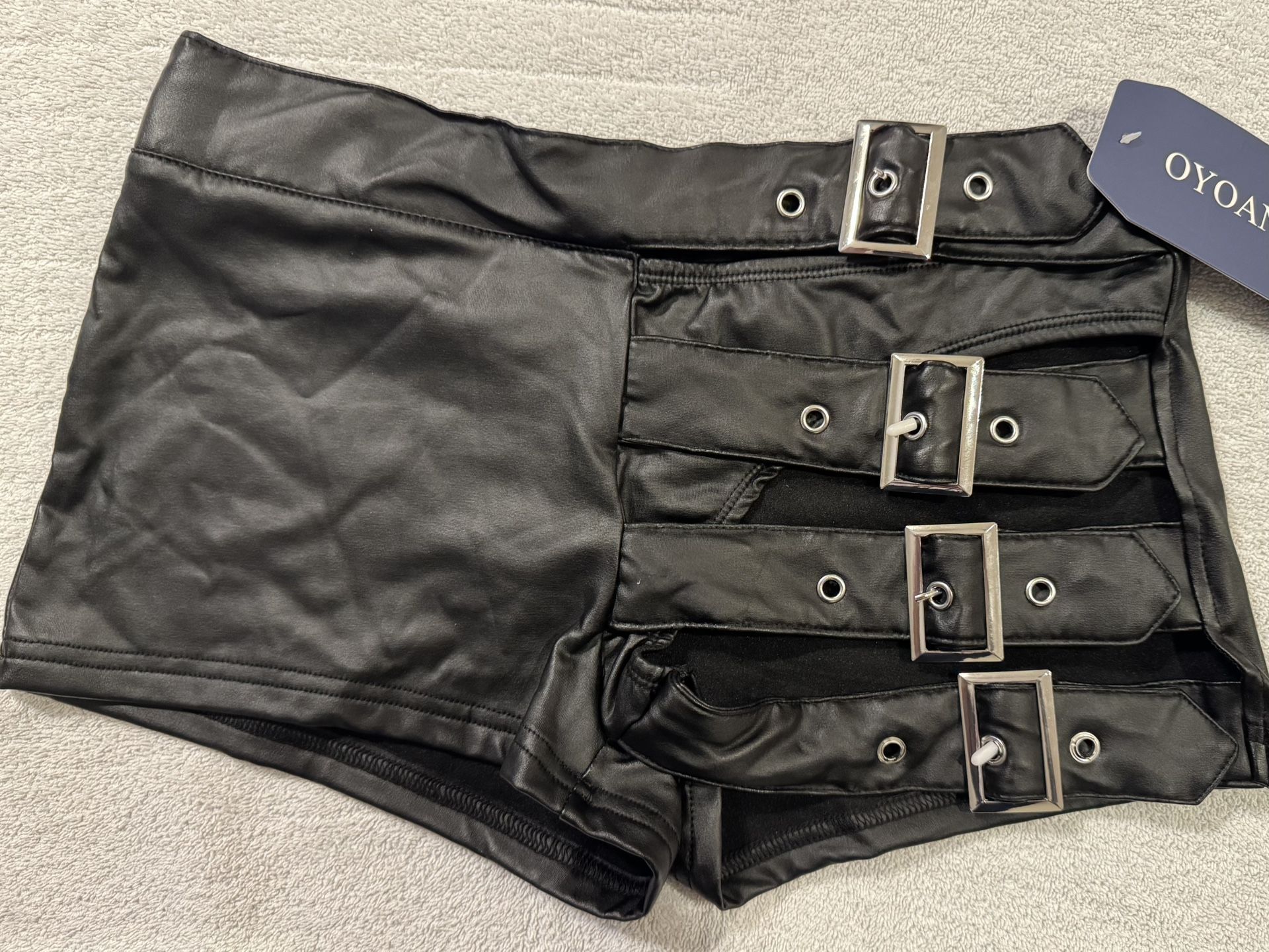 New OYOANGLE Women’s Buckled Cut-Out Leather Mini Shorts (Small) – $20