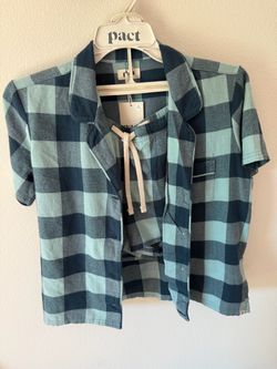 New Pact Women's Blue Plaid Cotton Flannel PJ Set Collared Top/Shorts S