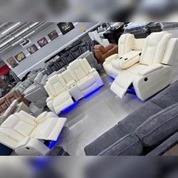 3PC Off white Leather Power Recliner sofa set with USB LED Wireless charging stations
