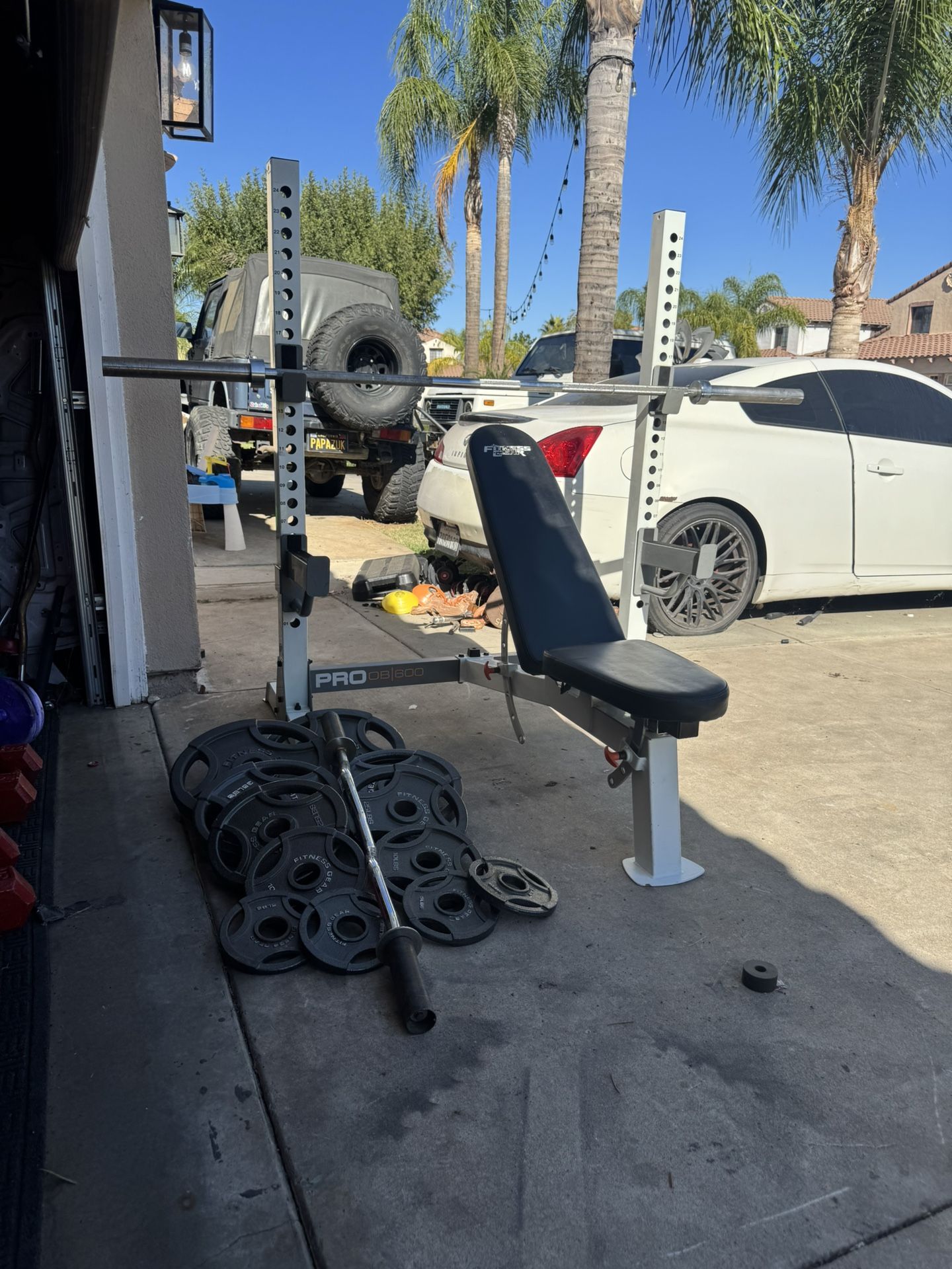 Bench press/squat rack with 7ft 45lbs bar plus 250lbs of Olympic weights and curl bar